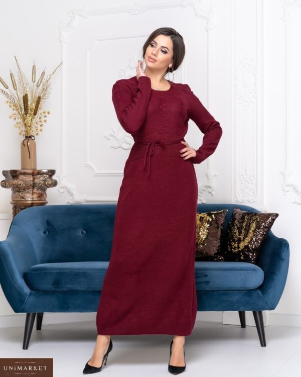 Придбати бордо довге в'язане плаття з круглим вирізом для жінок недорого