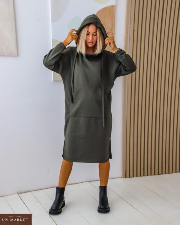 Придбати хакі жіноче тепле плаття-худі з начосом (розмір 42-56) по знижці