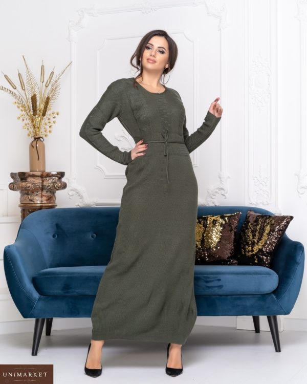 Придбати кольору хакі довге в'язане плаття жіноче з круглим вирізом вигідно