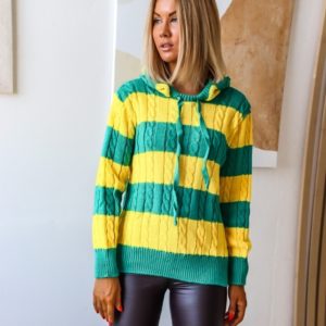 Заказать желтый/зеленый двухцветный женский полосатый свитер с капюшоном (размер 42-48) дешево