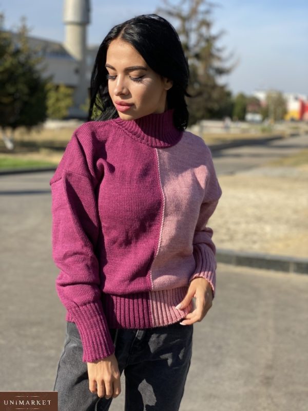Заказать сиреневый свитер для женщин двух цветов под горло с шерстью (размер 42-48) онлайн