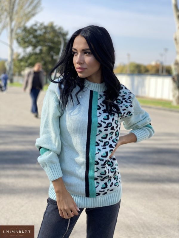 Заказать мятный женский свитер с леопардовым принтом (размер 42-48) онлайн