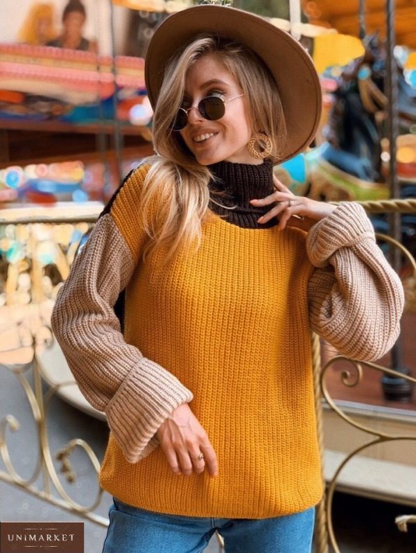 Заказать горчица разноцветный женский свитер из шерсти с акрилом по скидке