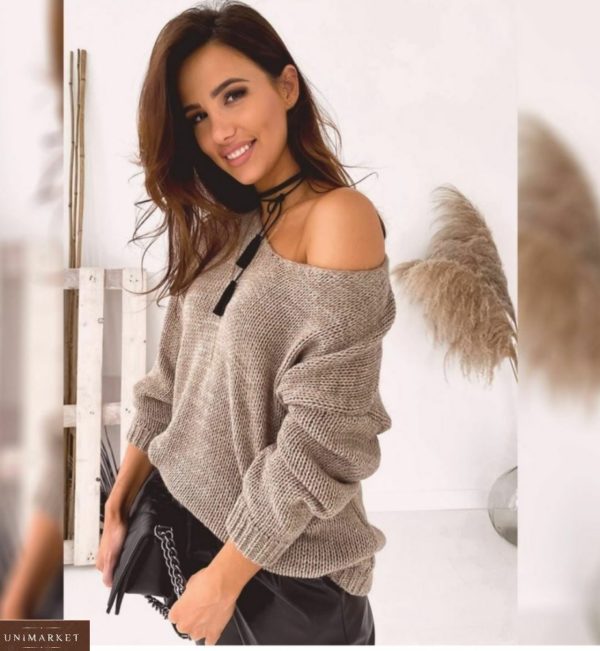 Купить мокко женский свитер на осень оверсайз со спущенной линией плеча онлайн