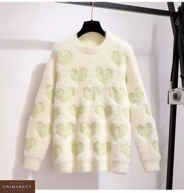 Замовити салатовий жіночий светр травичка з сердечками дешево