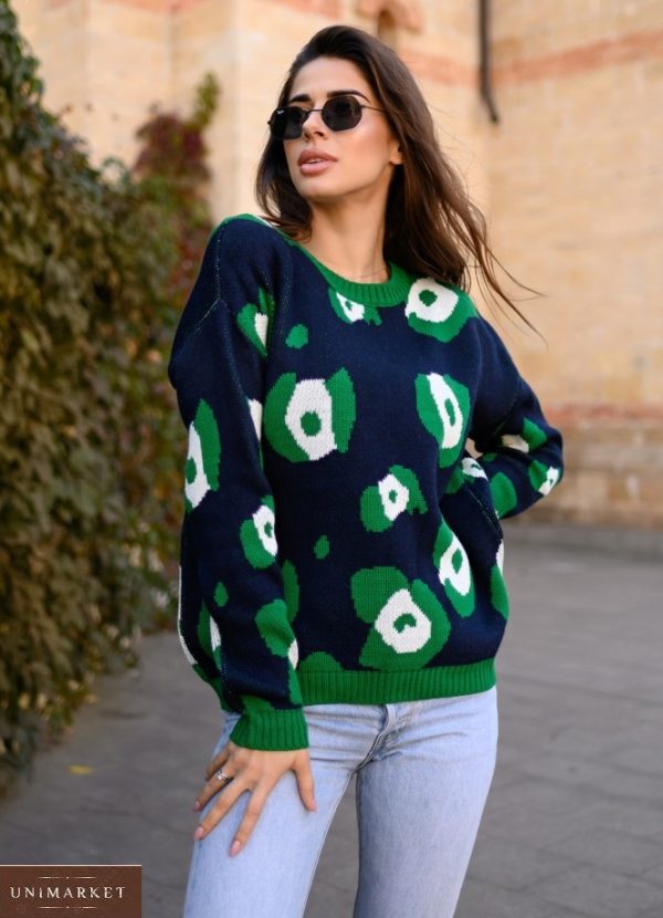 Купить синий с зеленым свитер с узорами со спущенной линией плеча недорого для женщин