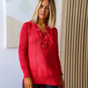 Заказать красный женский на осень удлиненный свитер с V-образным вырезом на шнуровке (размер 44-54) дешево