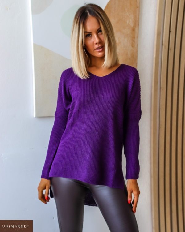 Заказать фиолетовый женский однотонный свитер со спущенной линией плеча дешево