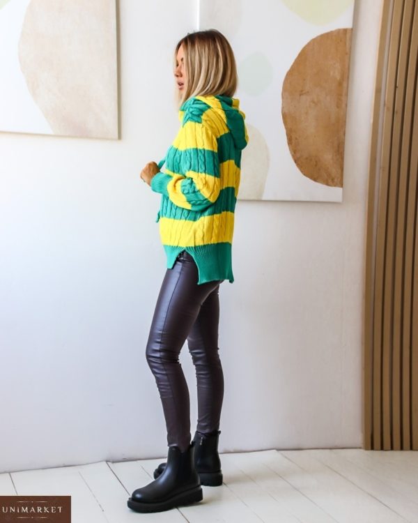 Купить женский двухцветный зеленый/желтый полосатый свитер с капюшоном (размер 42-48) по скидке