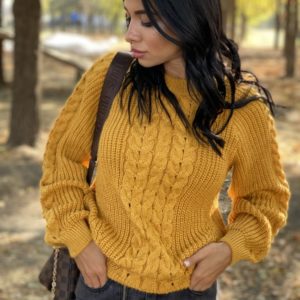 Придбати гірчиця жіночий в'язаний светр oversize з вовною (розмір 42-48) на зиму по знижці