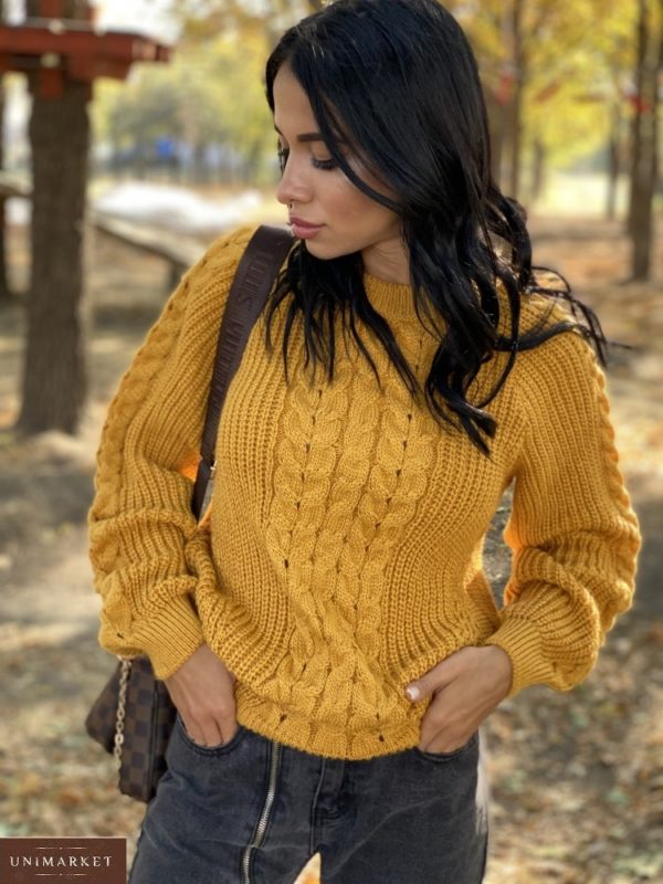 Придбати гірчиця жіночий в'язаний светр oversize з вовною (розмір 42-48) на зиму по знижці