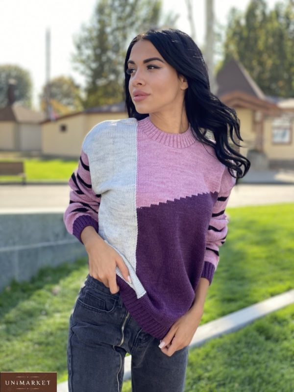 Купити фіолетовий жіночий багатобарвний светр з вовною (розмір 42-48) за низькими цінами