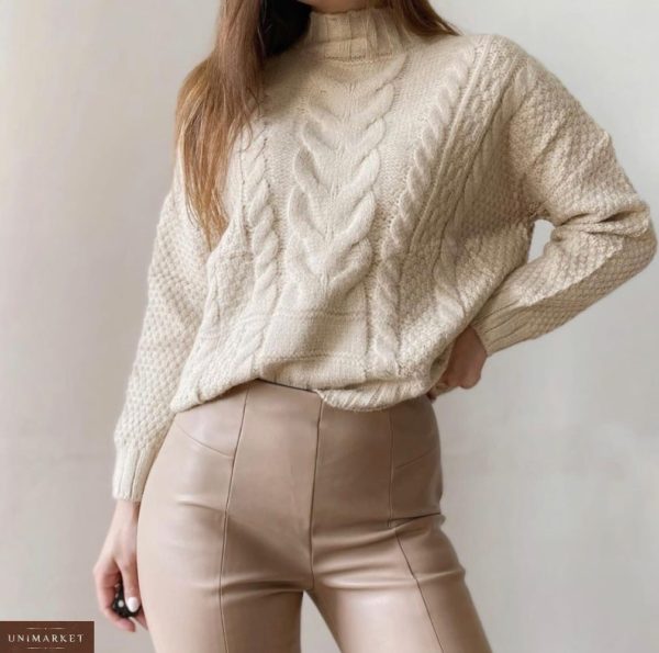 Купити бежевий светр з кашеміру зі спущеною лінією плеча для жінок по знижці