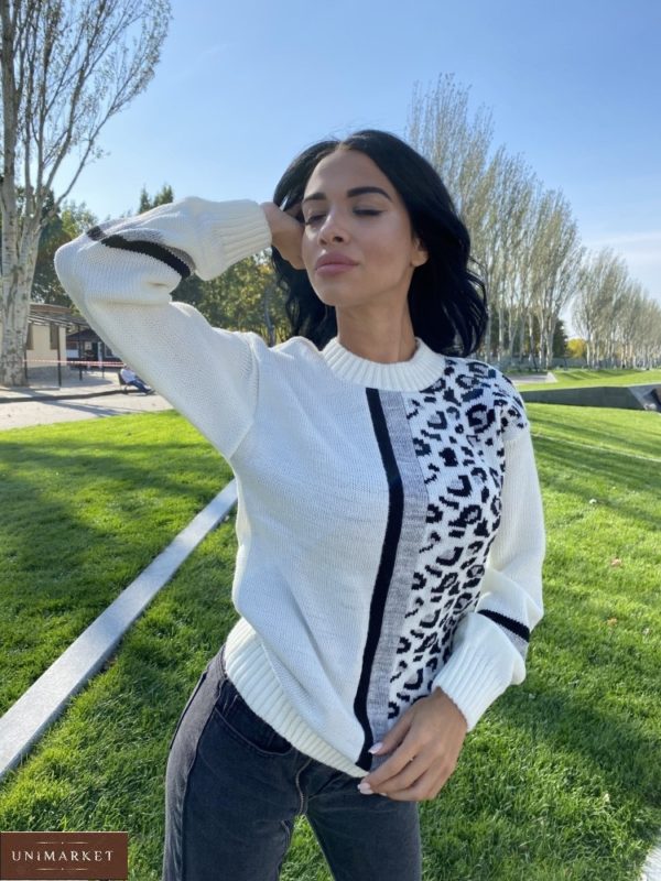 Заказать молочный женский свитер с леопардовым принтом (размер 42-48) онлайн