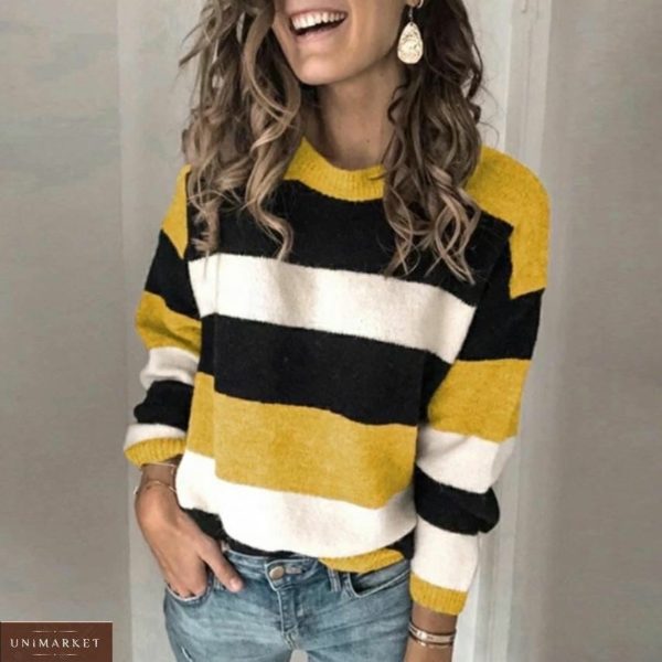 Замовити жіночий светр з велюру в широку смужку кольору гірчиця за низькими цінами