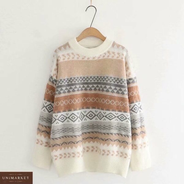 Купити жіночий подовжений светр оверсайз з візерунками молочного кольору недорого