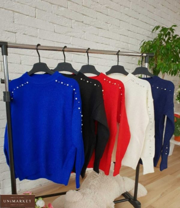 Купить красный, белый, черный женскийкашемировый свитер с жемчугом по низким ценам