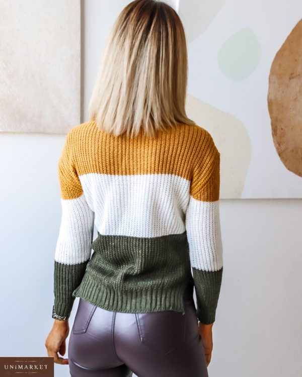 Купити хакі / білий / гірчиця для жінок короткий в'язаний триколірний светр дешево