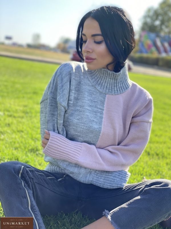Придбати сірий / пудра светр двох кольорів під горло з вовною (розмір 42-48) для жінок за низькими цінами