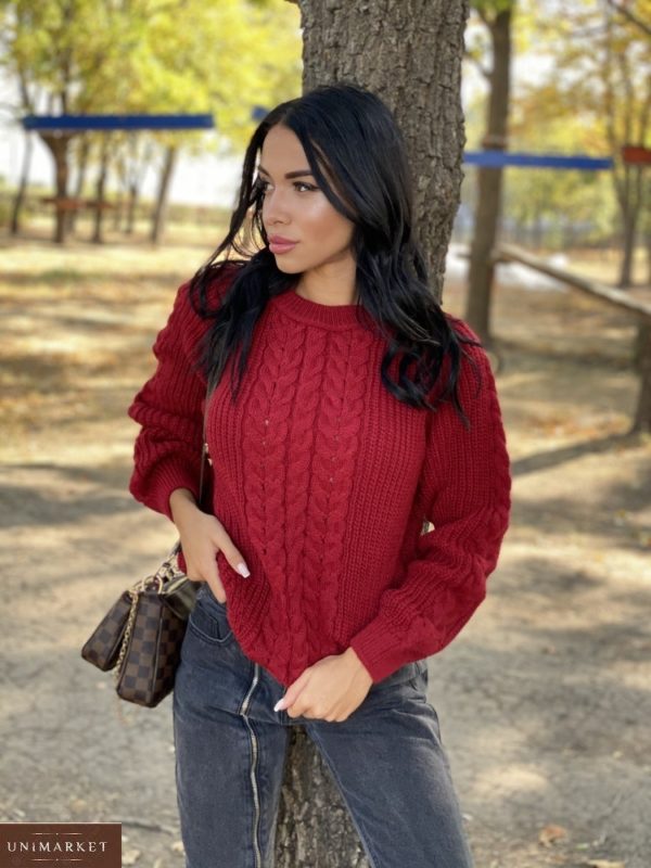 Заказать бордовый вязаный свитер oversize с шерстью женский (размер 42-48) онлайн