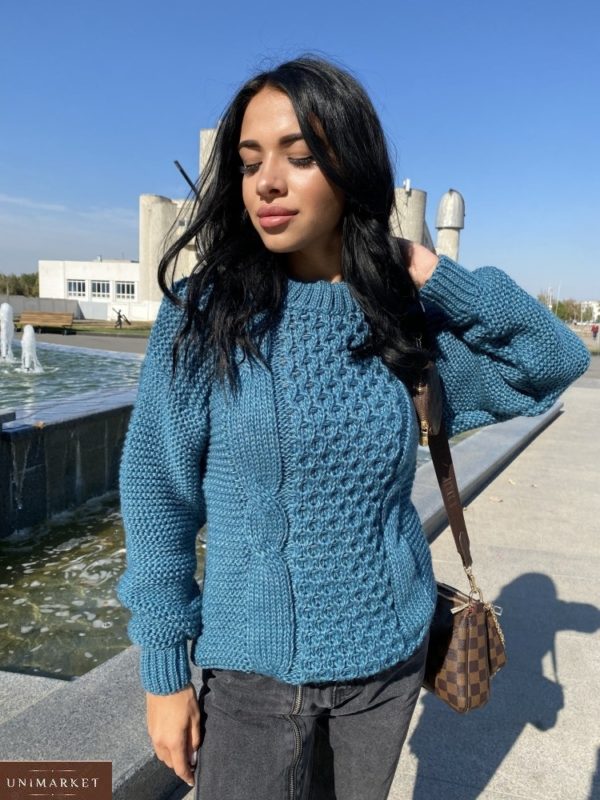 Замовити блакитний жіночий светр з шерстю зі спущеною лінією плеча (розмір 42-48) онлайн
