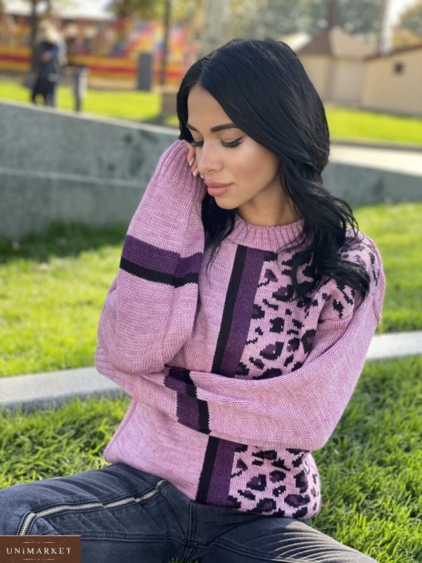 Заказать розовый женский свитер с леопардовым принтом (размер 42-48) недорого