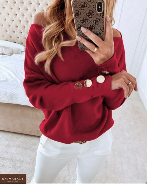 Купити червоного кольору жіночий светр з відкритими плечима з ангори (розмір 42-56) недорого