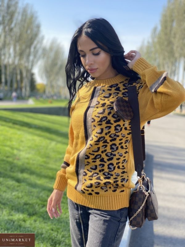 Приобрести горчичный свитер с леопардовым принтом (размер 42-48) по скидке для женщин