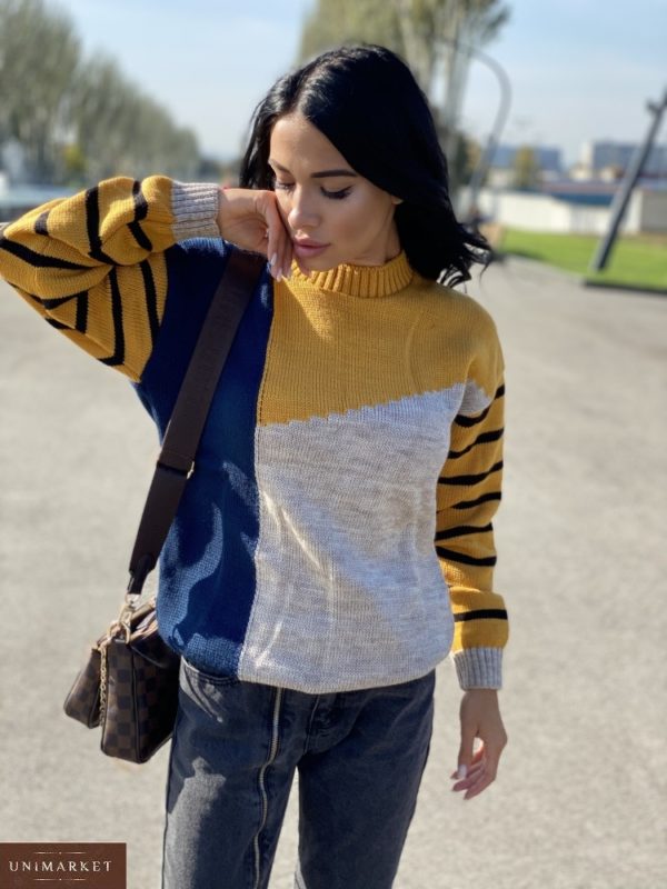 Замовити гірчичний жіночий багатобарвний светр з вовною (розмір 42-48) онлайн