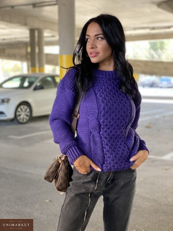 Приобрести фиолетового цвета свитер с шерстью для женщин со спущенной линией плеча (размер 42-48) онлайн