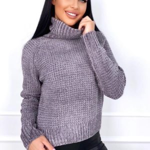 Придбати онлайн сірого кольору светр з горлом з велюрової нитки жіночий