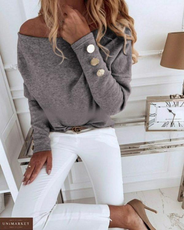 Купить серого цвета женский свитер с открытыми плечами из ангоры (размер 42-56) по низким ценам