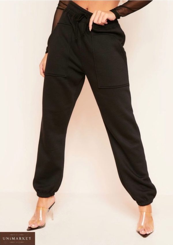 Купить черные женские штаны из трехнитки с накладными карманами (размер 42-52) недорого