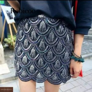 Купить женскую юбку с имитацией чешуи с пайетками синего цвета по низким ценам