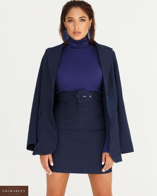 Купити синій костюм для жінок: піджак зі спідницею на поясі в інтернеті