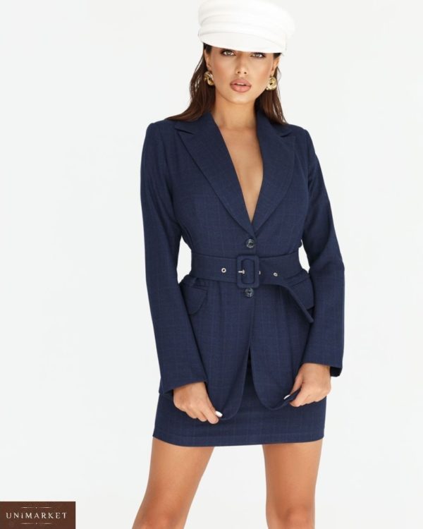 Замовити жіночий костюм: піджак зі спідницею на поясі синього кольору зі знижкою