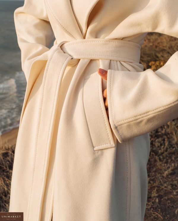 Заказать молочное пальто для женщин халат с поясом и отложным воротником онлайн