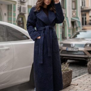 Приобрести женское демисезонное пальто из шерсти с поясом сине-черного цвета онлайн