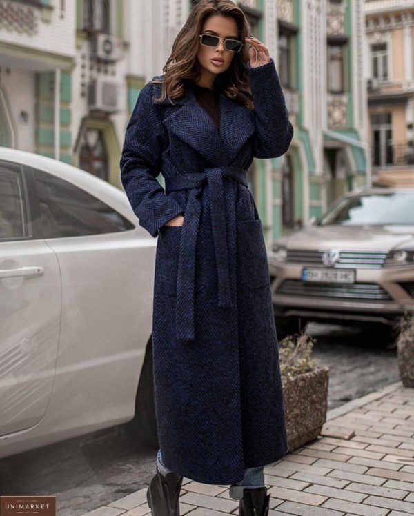 Приобрести женское демисезонное пальто из шерсти с поясом сине-черного цвета онлайн