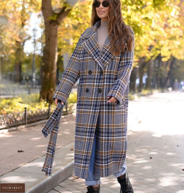 Замовити на осінь вигідно демісезонне пальто оверсайз в клітку з поясом для жінок гірчиця