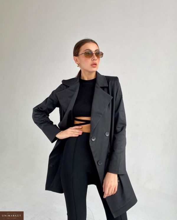 Замовити жіночий подовжений двобортний піджак чорного кольору (розмір 42-52) в інтернеті