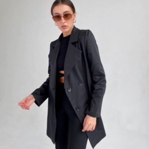 Купити чорний подовжений двобортний піджак (розмір 42-52) за низькими цінами для жінок