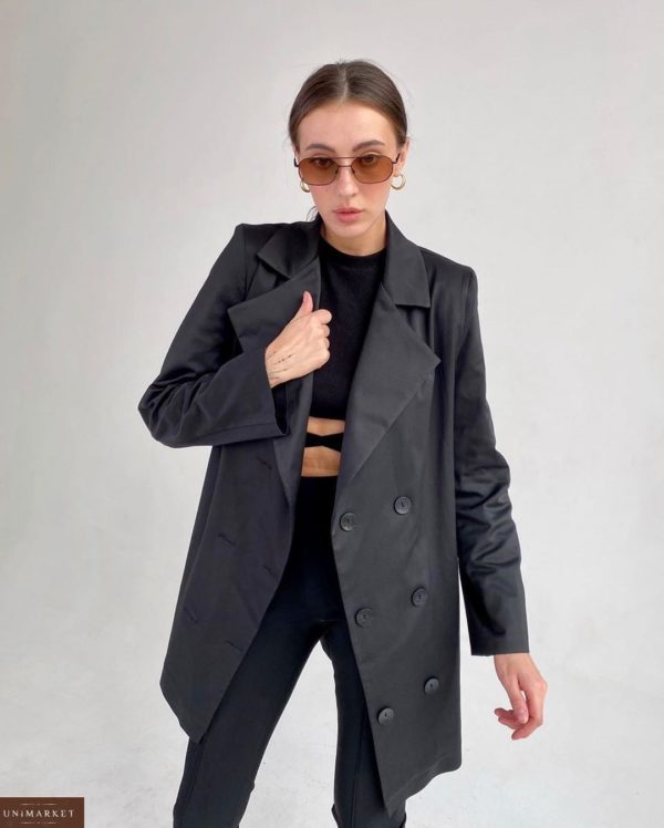 Придбати жіночий подовжений двобортний чорний піджак (розмір 42-52) недорого