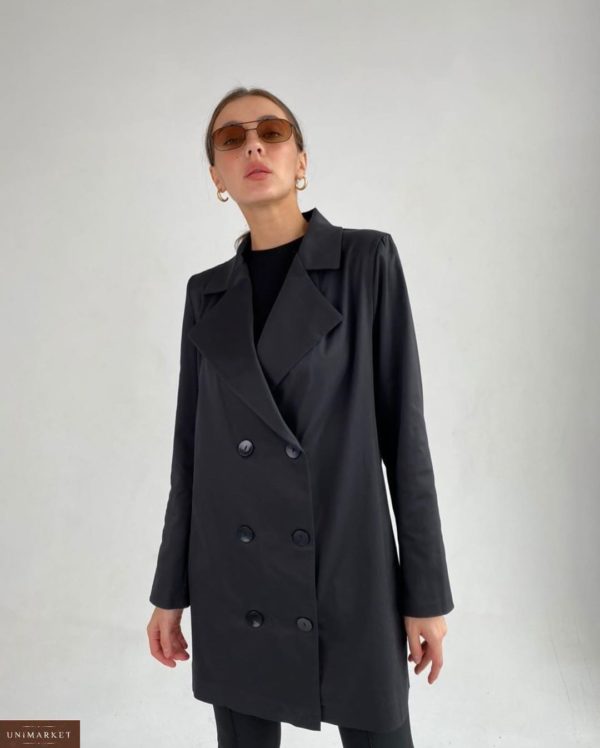 Купити жіночий подовжений двобортний піджак (розмір 42-52) чорного кольору онлайн