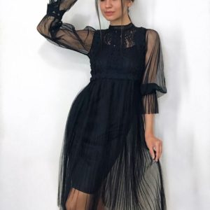 Купити чорне жіноче плаття з фатину з набивним мереживом по знижці