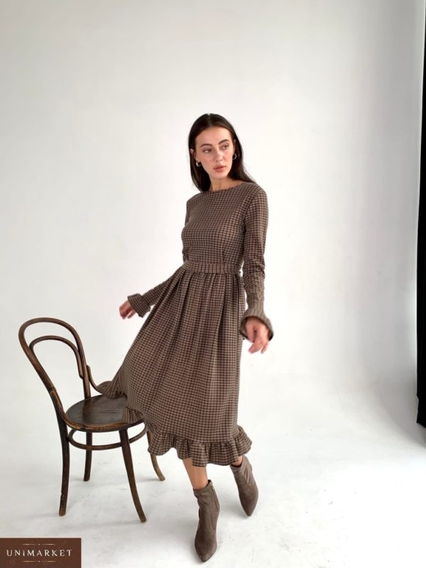 Заказать коричневое женское трикотажное платье миди с принтом (размер 42-54) недорого