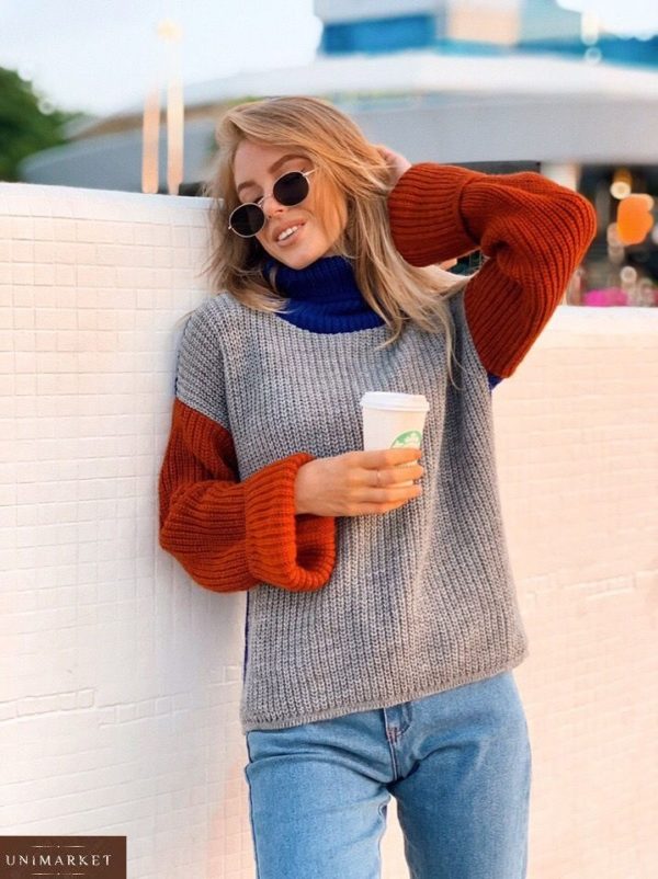 Купити сірого кольору жіночий різнокольоровий светр з вовни з акрилом на осінь дешево