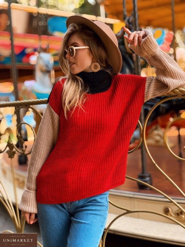 Заказать красноый женский разноцветный свитер из шерсти с акрилом онлайн