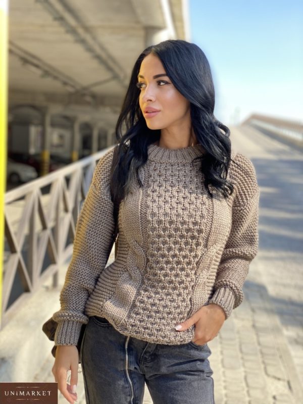 Купити бежевий светр жіночий з шерстю зі спущеною лінією плеча (розмір 42-48) онлайн