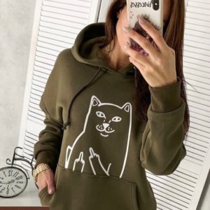 Купити дешево кольору хакі батник з трехніткі з мемом кіт жіночий онлайн